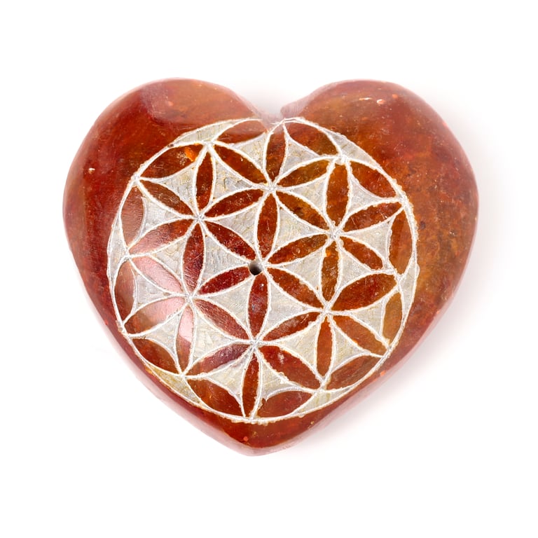 Carved Soapstone Heart Shaped Incense Ashcatcher - Chakra Flower of Life Burner