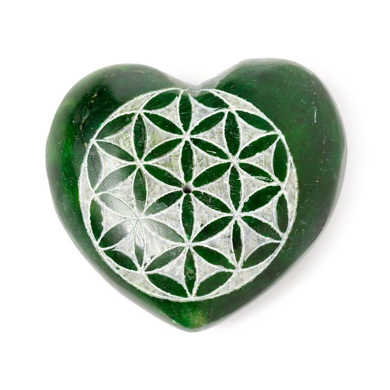 Carved Soapstone Heart Shaped Incense Ashcatcher - Chakra Flower of Life Burner