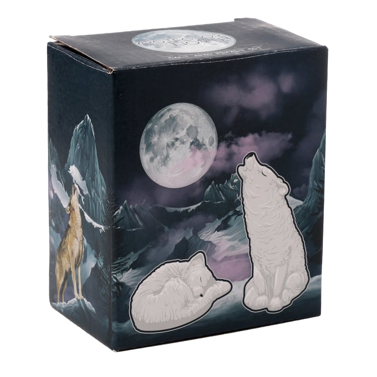 Ceramic Salt & Pepper Set - White Wolf, Dolomite Material, Food Safe & Dishwasher Not Required