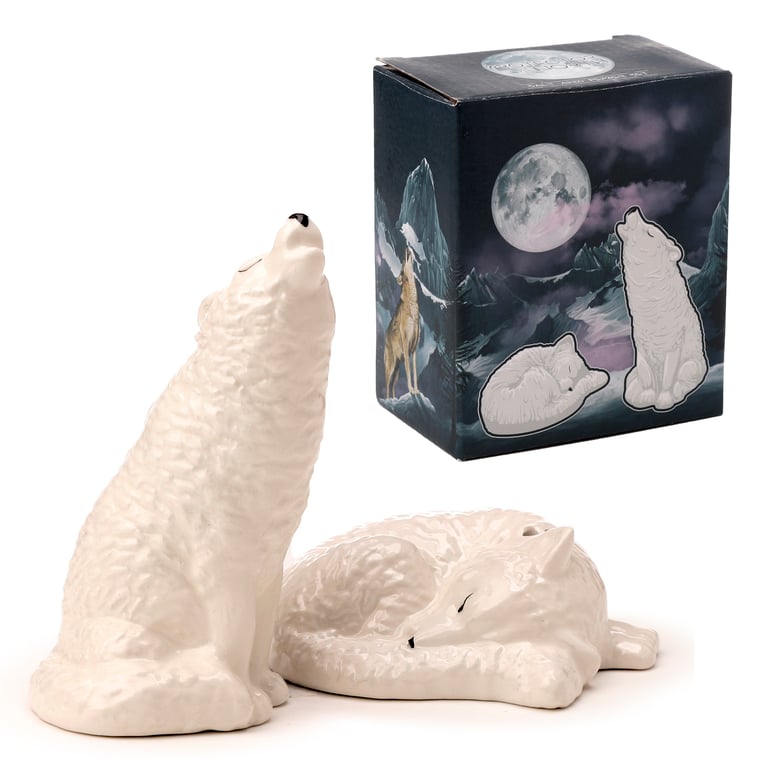 Ceramic Salt & Pepper Set - White Wolf, Dolomite Material, Food Safe & Dishwasher Not Required