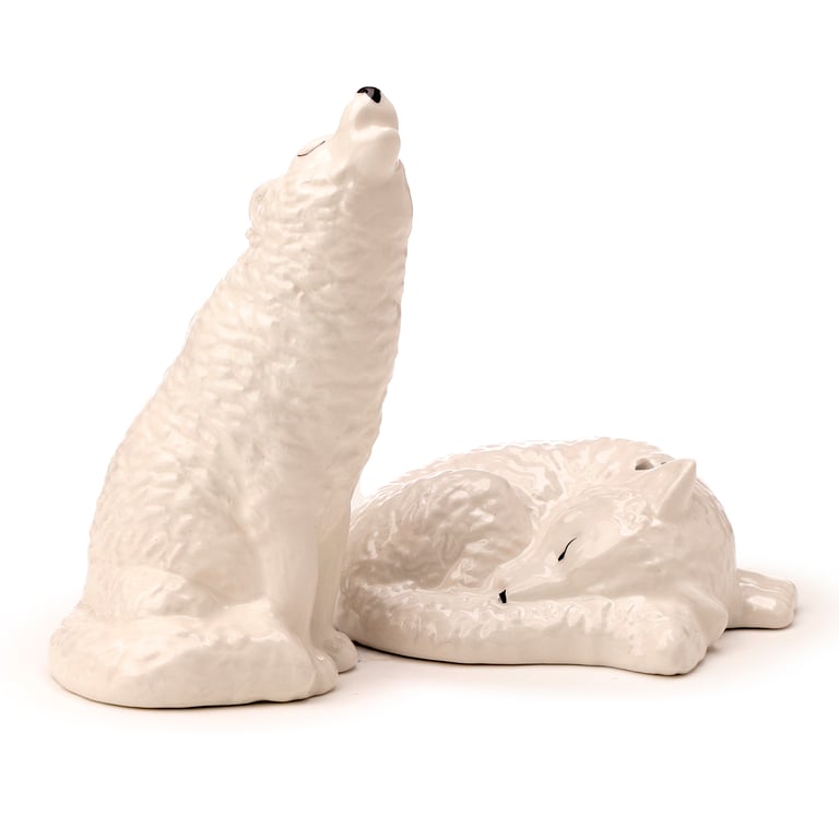 Ceramic Salt & Pepper Set - White Wolf, Dolomite Material, Food Safe & Dishwasher Not Required
