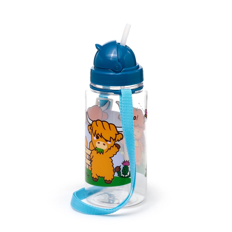 Adoramals Highland Coo Children s Shatterproof 450ml BPA Free Water Bottle with Flip Straw and Reusable Design