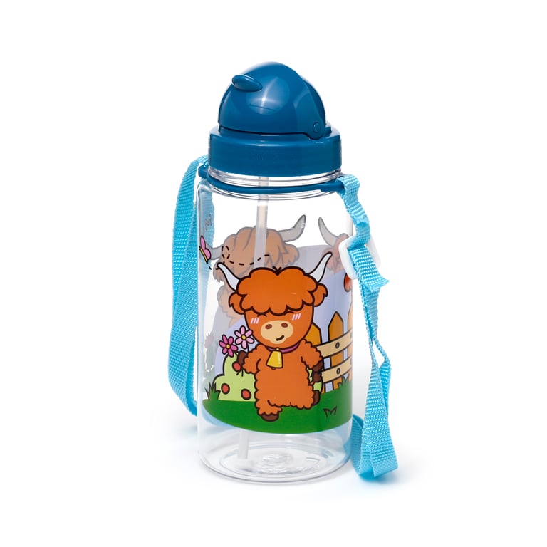 Adoramals Highland Coo Children s Shatterproof 450ml BPA Free Water Bottle with Flip Straw and Reusable Design