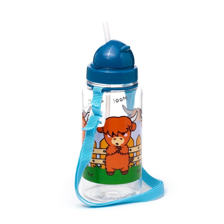 Adoramals Highland Coo Children s Shatterproof 450ml BPA Free Water Bottle with Flip Straw and Reusable Design