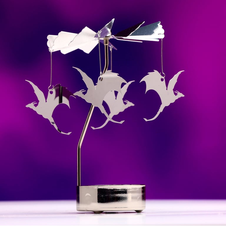 Spinning Tea Light Carousel Holder - Flying Dragons Aluminium and Stainless Steel Decorative Display