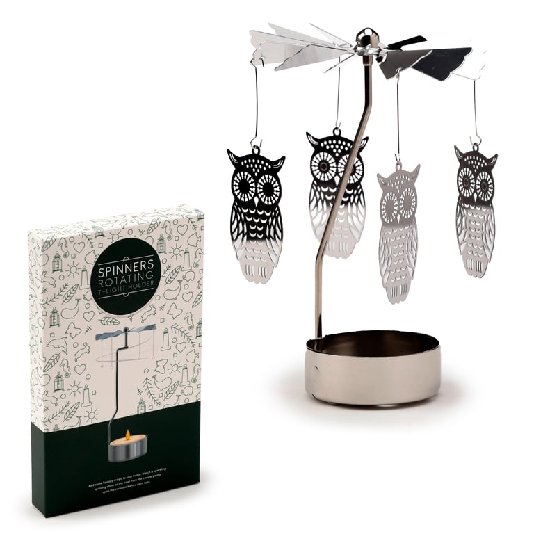 Aluminium Stainless Steel Iron Spinning Tea Light Carousel Owl Candle Holder