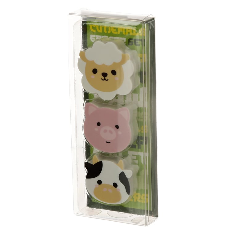 Adoramals Farm 3-Piece Rubber Eraser Set - CE Marked and EN71 Compliant