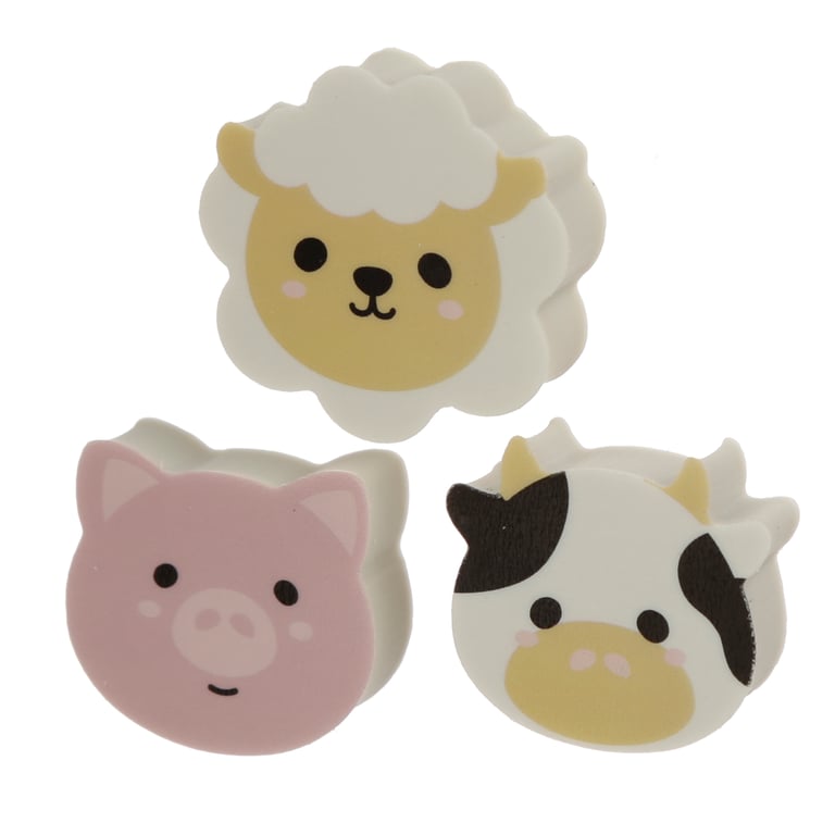 Adoramals Farm 3-Piece Rubber Eraser Set - CE Marked and EN71 Compliant