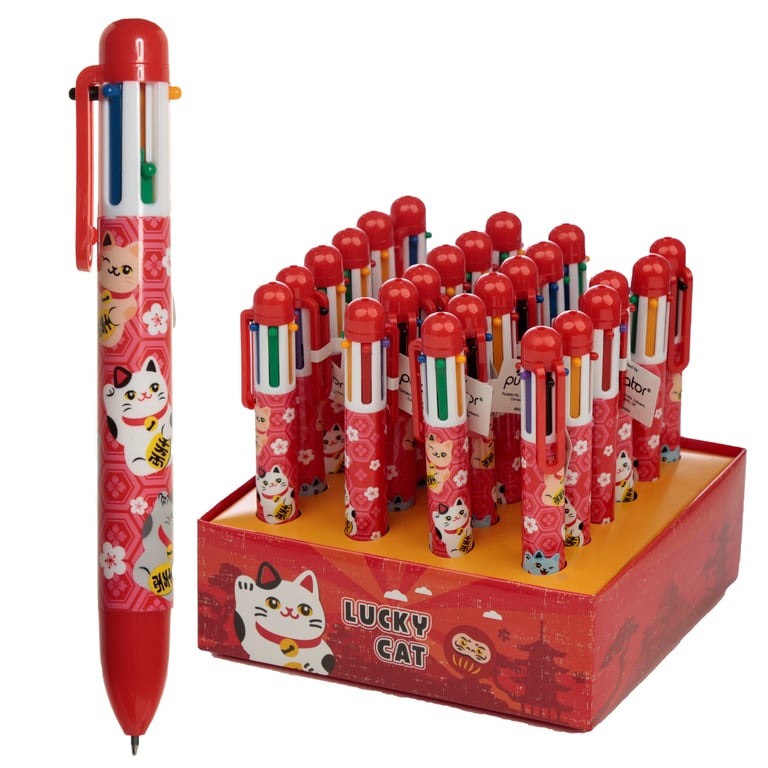 Multi Colour Lucky Cat Maneki Neko Pen - 6 Colours, CE/UKCA Marked, Safe for Children
