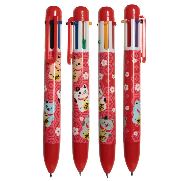 Multi Colour Lucky Cat Maneki Neko Pen - 6 Colours, CE/UKCA Marked, Safe for Children