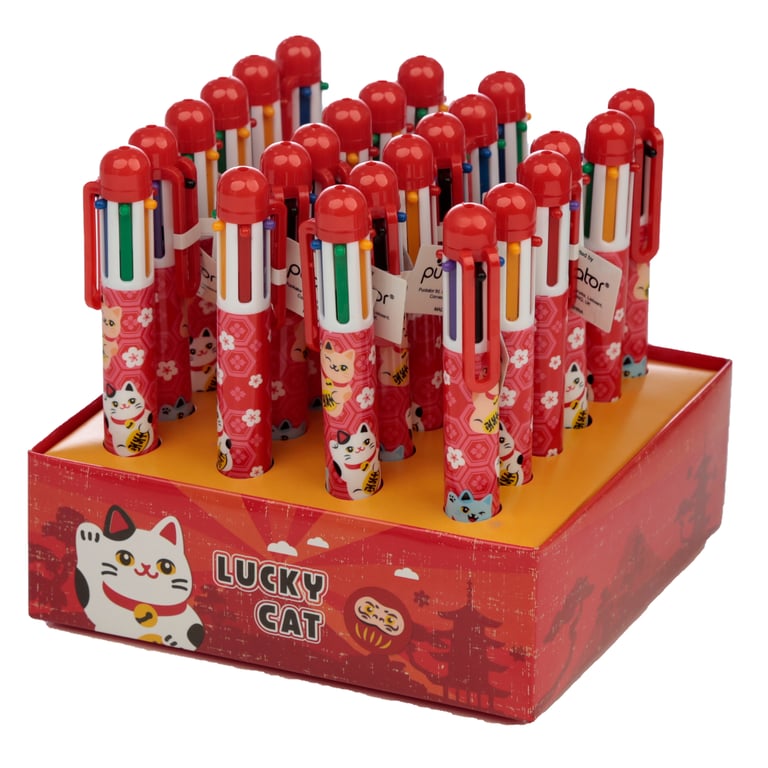 Multi Colour Lucky Cat Maneki Neko Pen - 6 Colours, CE/UKCA Marked, Safe for Children
