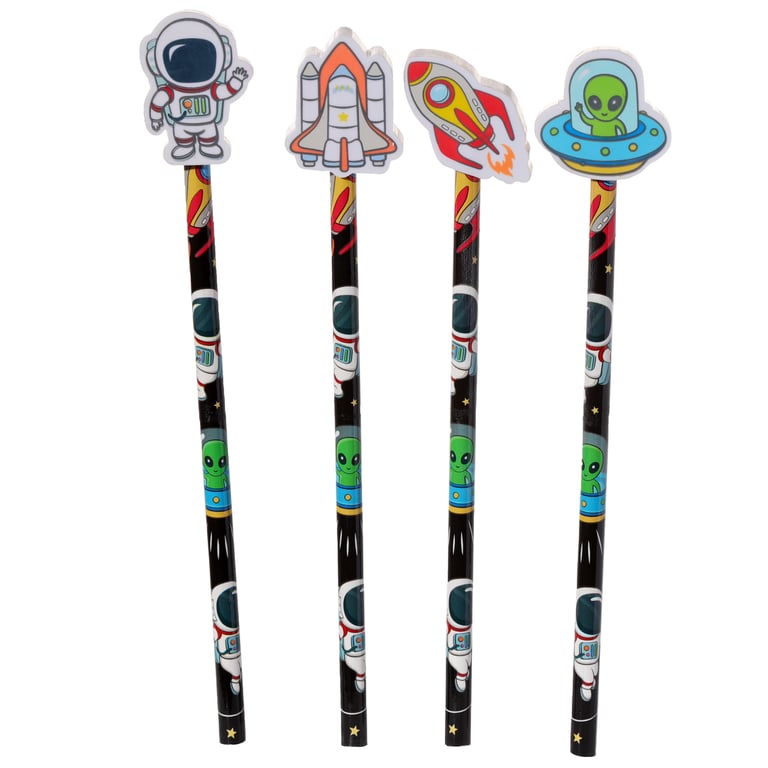 Wooden Space Pencil and Eraser Topper Set - CE Marked, Kids Art Supplies