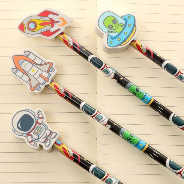 Wooden Space Pencil and Eraser Topper Set - CE Marked, Kids Art Supplies