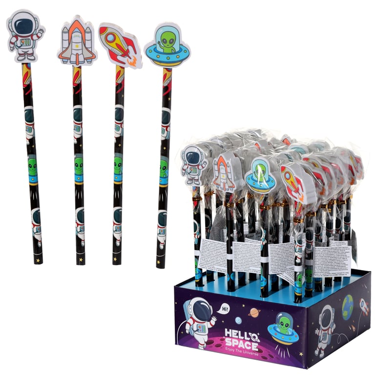 Wooden Space Pencil and Eraser Topper Set - CE Marked, Kids Art Supplies