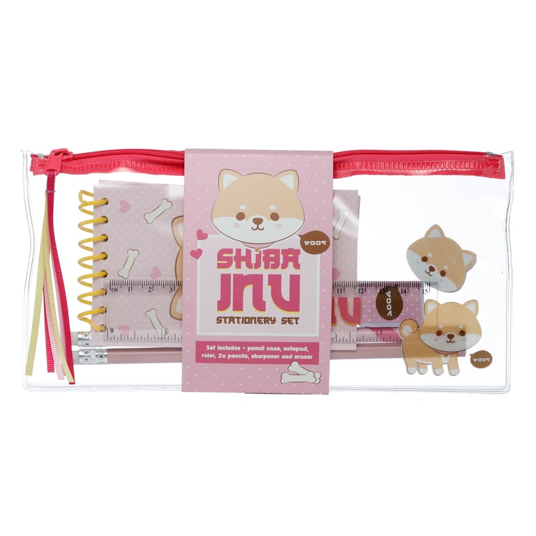 Adoramals 7-Piece Clear Pencil Case Stationery Set - Metal & Plastic Organizer with Shiba Inu Dog Design