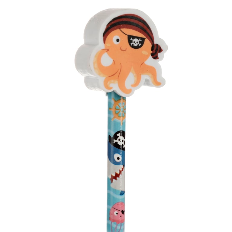 Fun Ahoy Ocean Pirate Friends CE Marked Wooden Pencil Topper Set with HB Pencil and Eraser for Kids Educational Art Supplies
