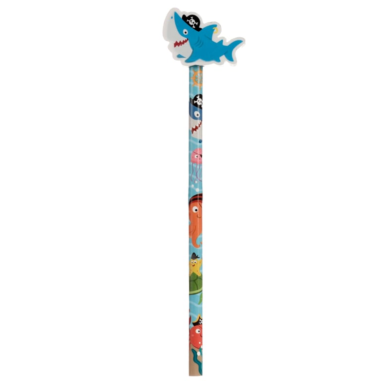 Fun Ahoy Ocean Pirate Friends CE Marked Wooden Pencil Topper Set with HB Pencil and Eraser for Kids Educational Art Supplies
