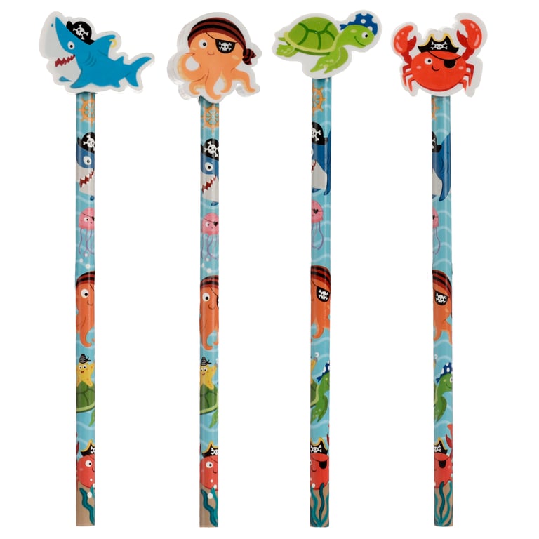 Fun Ahoy Ocean Pirate Friends CE Marked Wooden Pencil Topper Set with HB Pencil and Eraser for Kids Educational Art Supplies