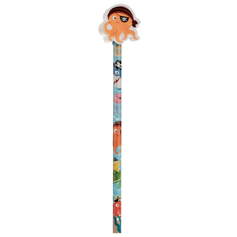 Fun Ahoy Ocean Pirate Friends CE Marked Wooden Pencil Topper Set with HB Pencil and Eraser for Kids Educational Art Supplies