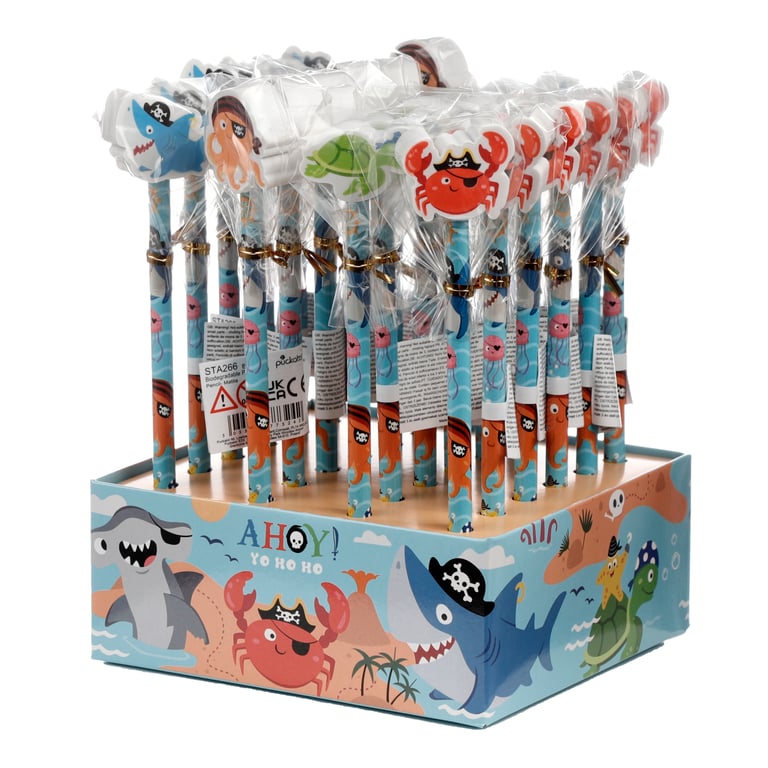 Fun Ahoy Ocean Pirate Friends CE Marked Wooden Pencil Topper Set with HB Pencil and Eraser for Kids Educational Art Supplies