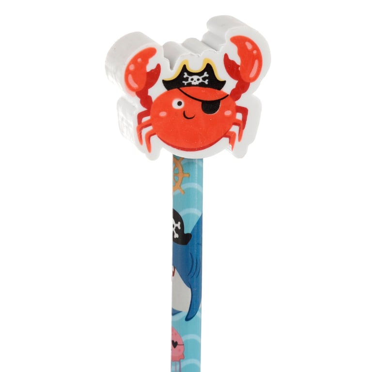 Fun Ahoy Ocean Pirate Friends CE Marked Wooden Pencil Topper Set with HB Pencil and Eraser for Kids Educational Art Supplies