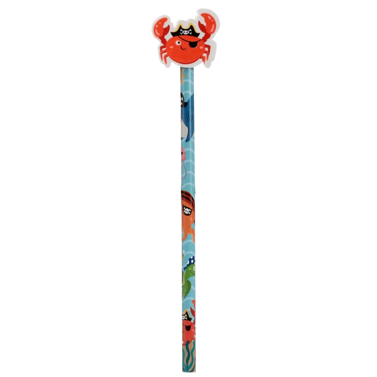 Fun Ahoy Ocean Pirate Friends CE Marked Wooden Pencil Topper Set with HB Pencil and Eraser for Kids Educational Art Supplies
