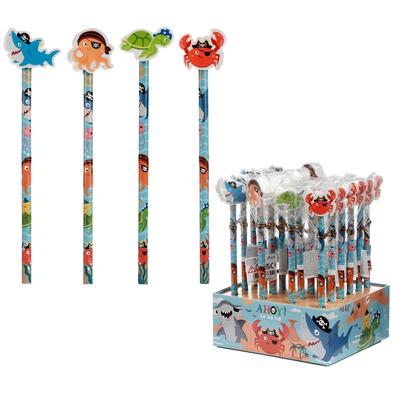 Fun Ahoy Ocean Pirate Friends CE Marked Wooden Pencil Topper Set with HB Pencil and Eraser for Kids Educational Art Supplies