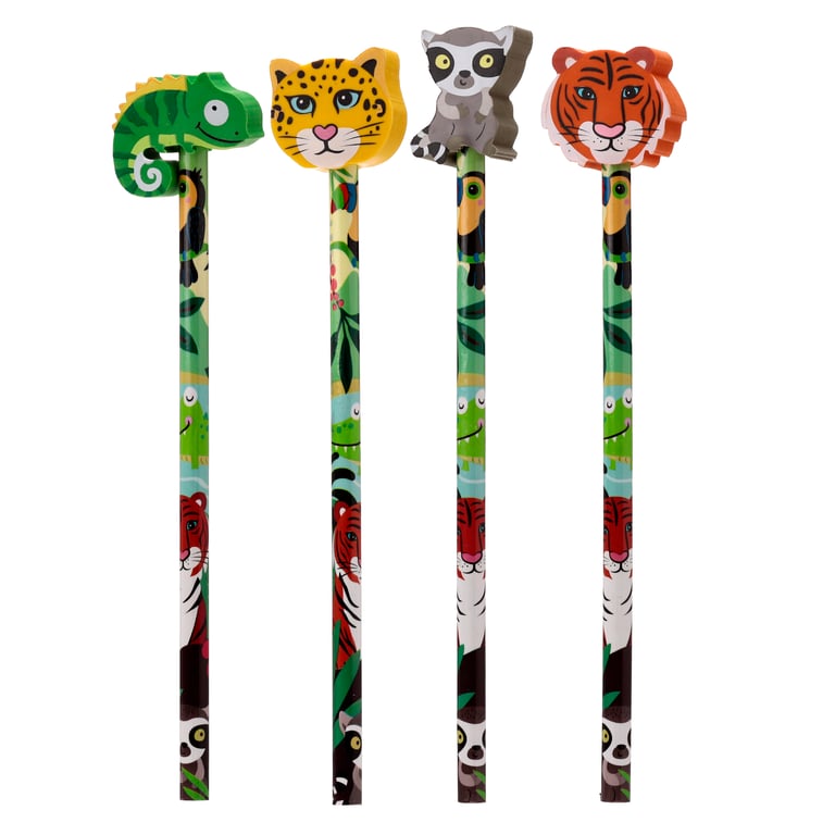 Wild Animal Pencil & Eraser Topper - CE Marked, EN71 Compliant HB Pencil Set for Children