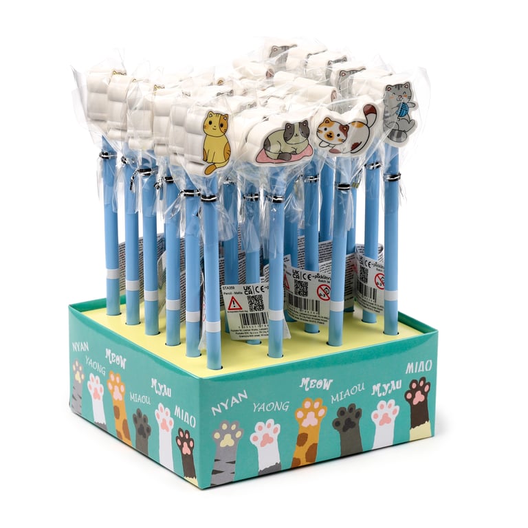 Wooden Pencil Topper - Cute Kitty Cat Eraser, CE/UKCA Marked and EN71 Compliant for Kids HB Pencils