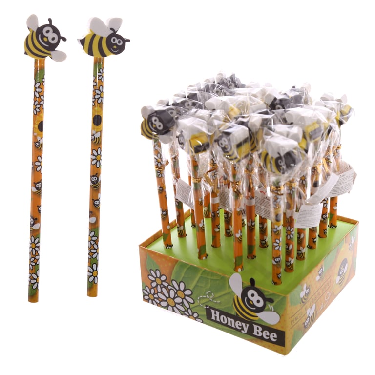 Novelty Kids Bee Design CE Marked Wooden Pencil Set with Rubber Eraser - EN71 Compliant for Safe Use from Age 3 and Up