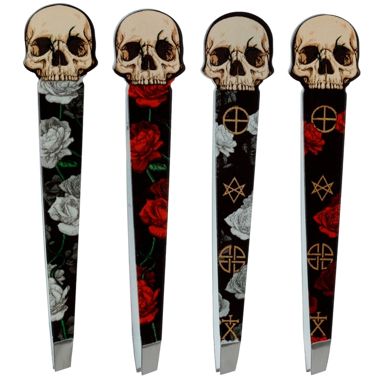 Stainless Steel Shaped Tweezers - Skull and Roses Design