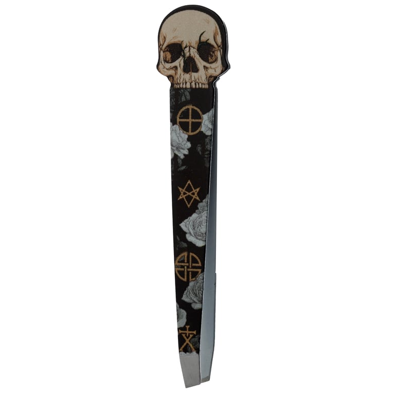 Stainless Steel Shaped Tweezers - Skull and Roses Design