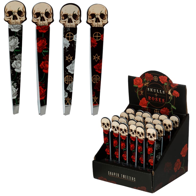 Stainless Steel Shaped Tweezers - Skull and Roses Design