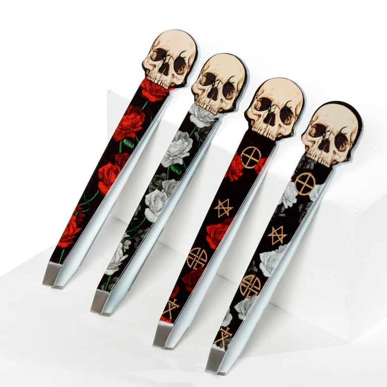 Stainless Steel Shaped Tweezers - Skull and Roses Design