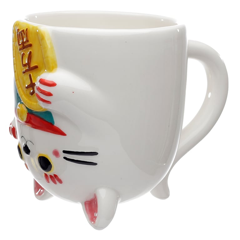 Novelty Ceramic Maneki Neko Lucky Cat Upside Down Mug 500ml, Food Safe & Handcrafted