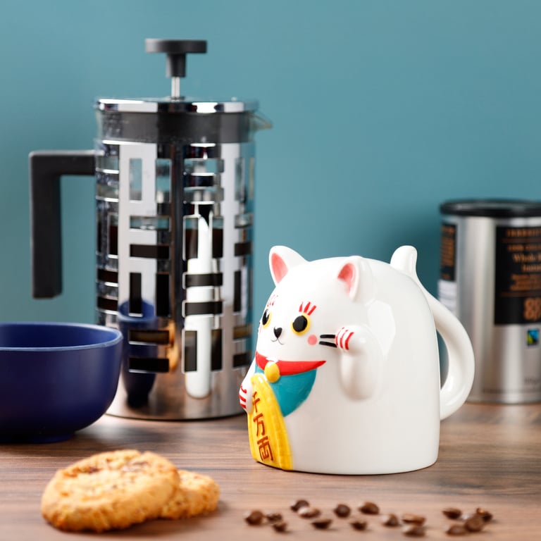 Novelty Ceramic Maneki Neko Lucky Cat Upside Down Mug 500ml, Food Safe & Handcrafted