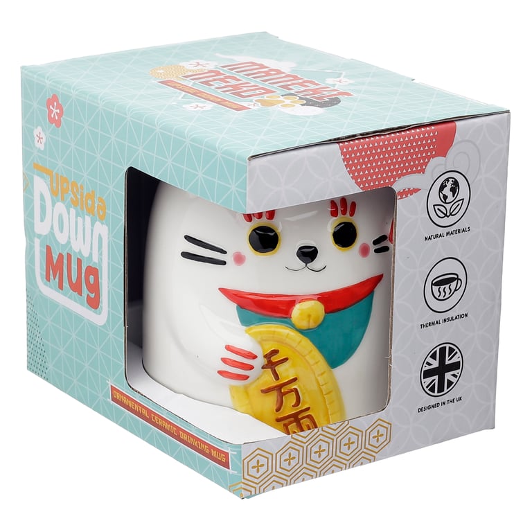 Novelty Ceramic Maneki Neko Lucky Cat Upside Down Mug 500ml, Food Safe & Handcrafted
