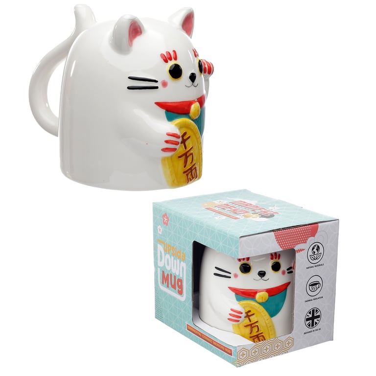 Novelty Ceramic Maneki Neko Lucky Cat Upside Down Mug 500ml, Food Safe & Handcrafted