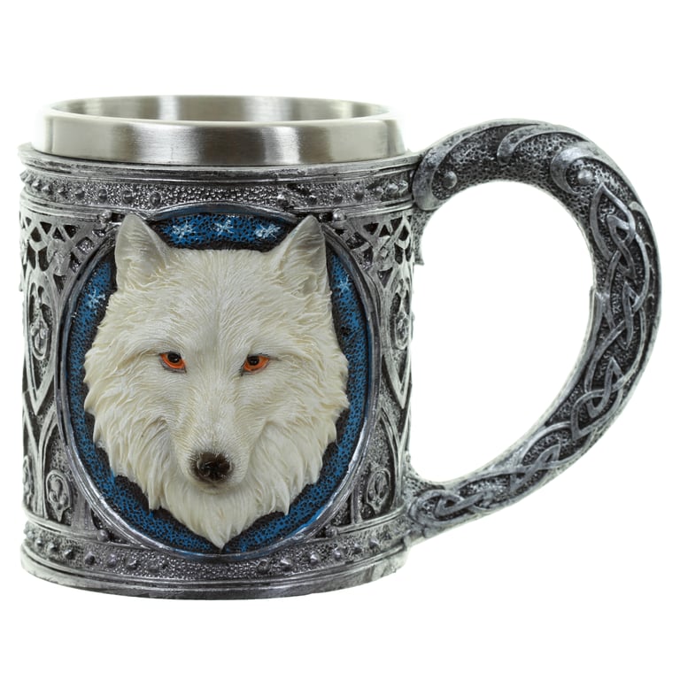 White Wolf Resin and Stainless Steel Decorative Tankard - Wipe Clean Only