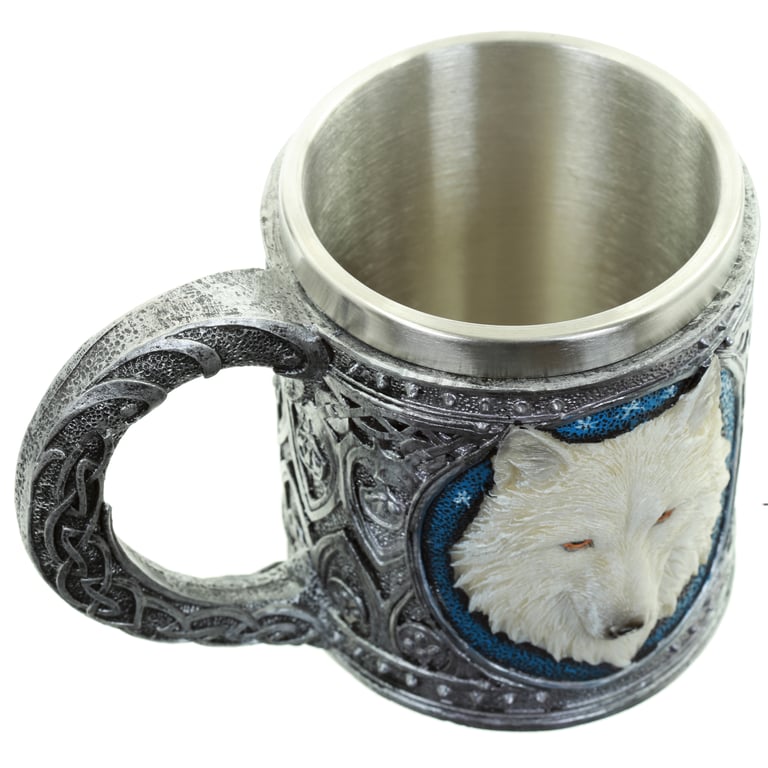 White Wolf Resin and Stainless Steel Decorative Tankard - Wipe Clean Only