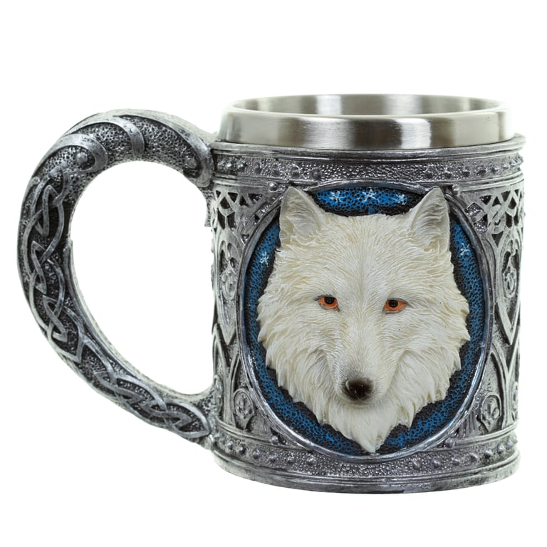 White Wolf Resin and Stainless Steel Decorative Tankard - Wipe Clean Only