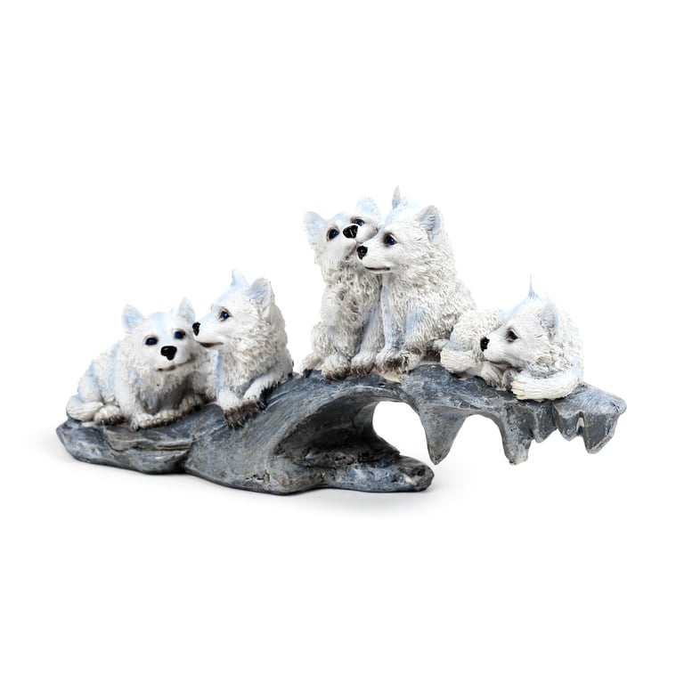 Wolf Resin Ornament - Puppies Playing on Stone Outcrop Home Decor Sculpture
