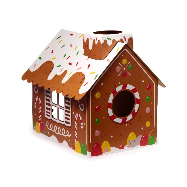 Corrugated Cardboard Christmas Cat House with Scratch Mat and Assembly Required