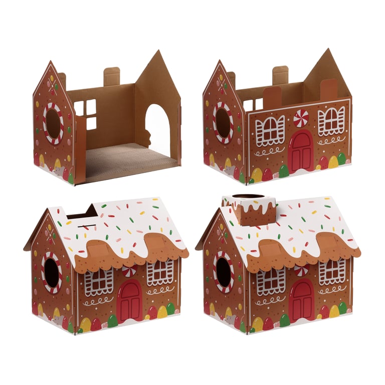 Corrugated Cardboard Christmas Cat House with Scratch Mat and Assembly Required