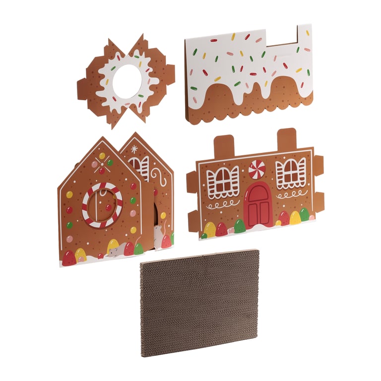 Corrugated Cardboard Christmas Cat House with Scratch Mat and Assembly Required
