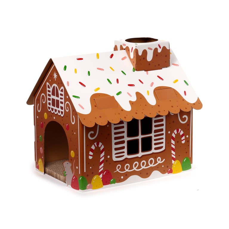 Corrugated Cardboard Christmas Cat House with Scratch Mat and Assembly Required