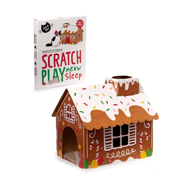 Corrugated Cardboard Christmas Cat House with Scratch Mat and Assembly Required