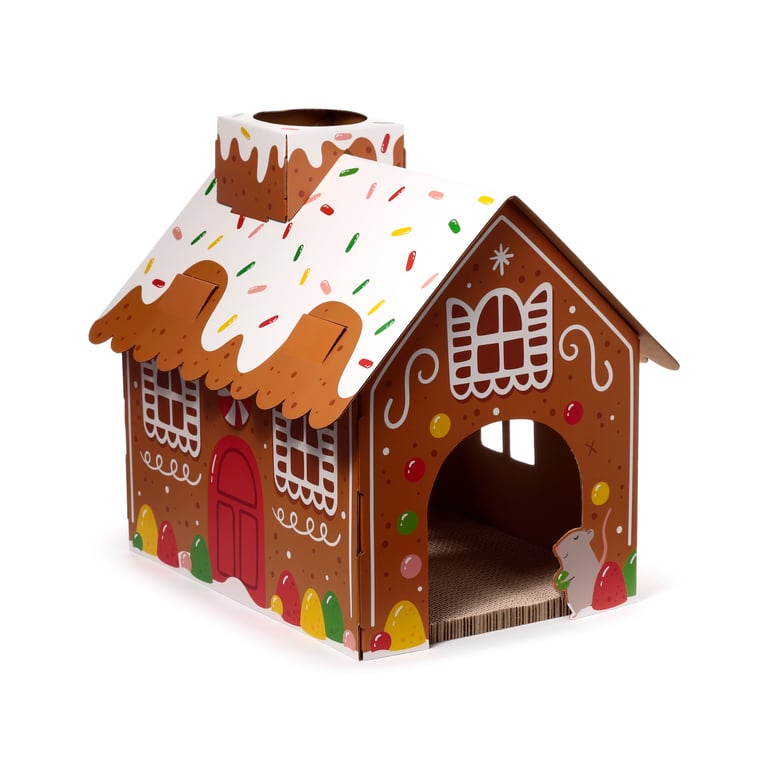 Corrugated Cardboard Christmas Cat House with Scratch Mat and Assembly Required