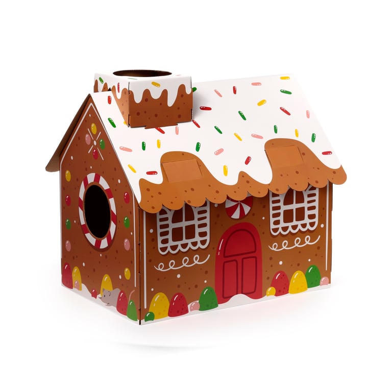 Corrugated Cardboard Christmas Cat House with Scratch Mat and Assembly Required