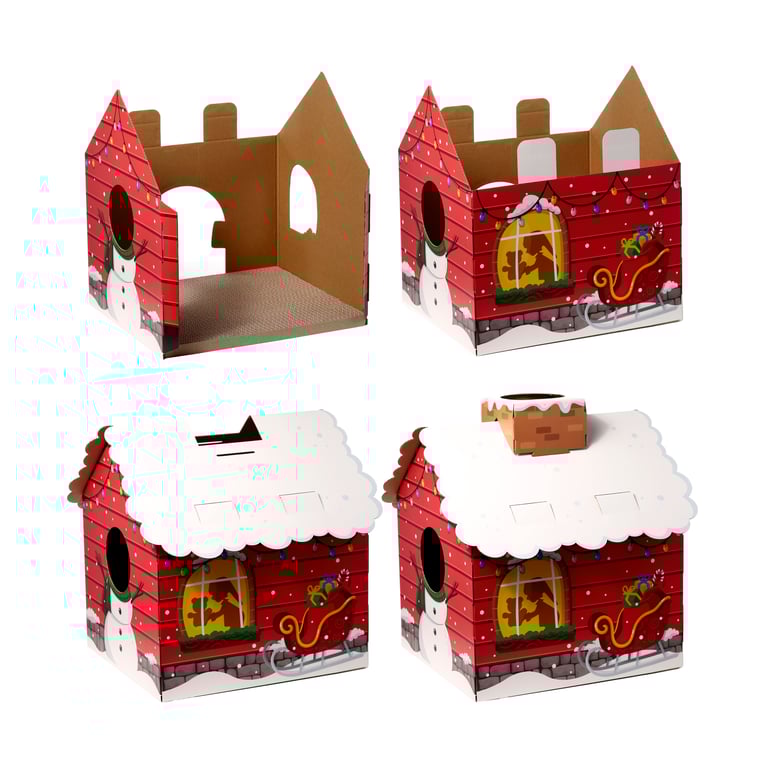 Cardboard Cat Den Playhouse - Christmas Grotto with Built-in Scratch Mat and Gift-Winning Design